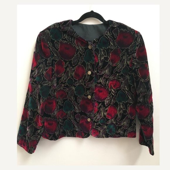Vintage Floral Black, Emerald Green, Red + Gold Velvety Cardigan/Light Jacket - Picture 1 of 6
